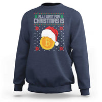 Navy Christmas Bitcoin sweatshirt with festive text and coin graphic