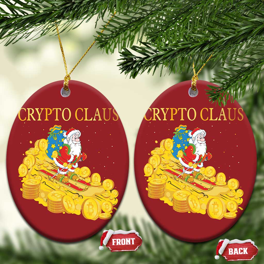 Two red round ornaments with 'CRYPTO CLAUS' and Santa gold coin sleigh, hanging loops