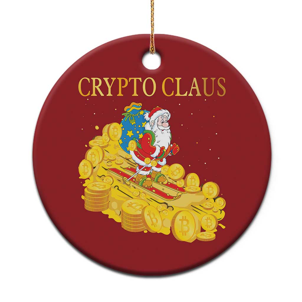Red round Christmas ornament with 'CRYPTO CLAUS' and Santa over gold coin sleigh, hanging loop