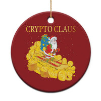 Red round Christmas ornament with 'CRYPTO CLAUS' and Santa over gold coin sleigh, hanging loop