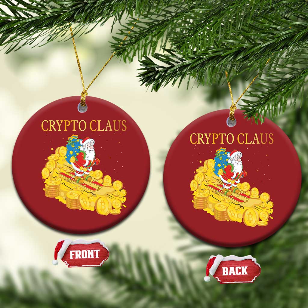 Two red round ornaments reading 'CRYPTO CLAUS' with Santa and gold coin sleigh, hanging hooks
