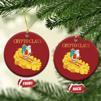 Two red round ornaments reading 'CRYPTO CLAUS' with Santa and gold coin sleigh, hanging hooks