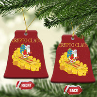 Red bell-shaped ornaments with 'CRYPTO CLAUS' and Santa gold coin sleigh, front and back tags