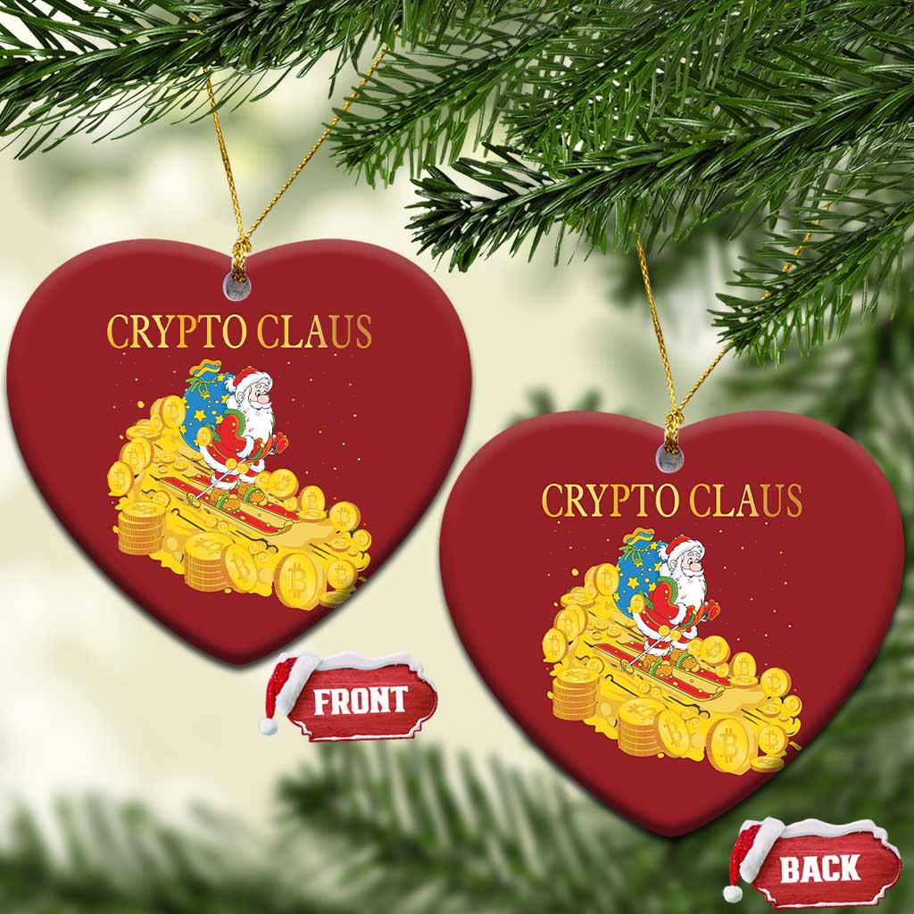 Two red heart ornaments with 'CRYPTO CLAUS' and Santa gold coin sleigh, front and back labels