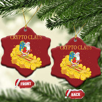 Two red heart ornaments reading 'CRYPTO CLAUS' with Santa and gold coin sleigh, front and back