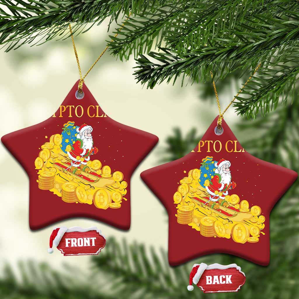 Two red star ornaments with Santa and gold coin sleigh, partial 'CRYPTO CLAUS' text