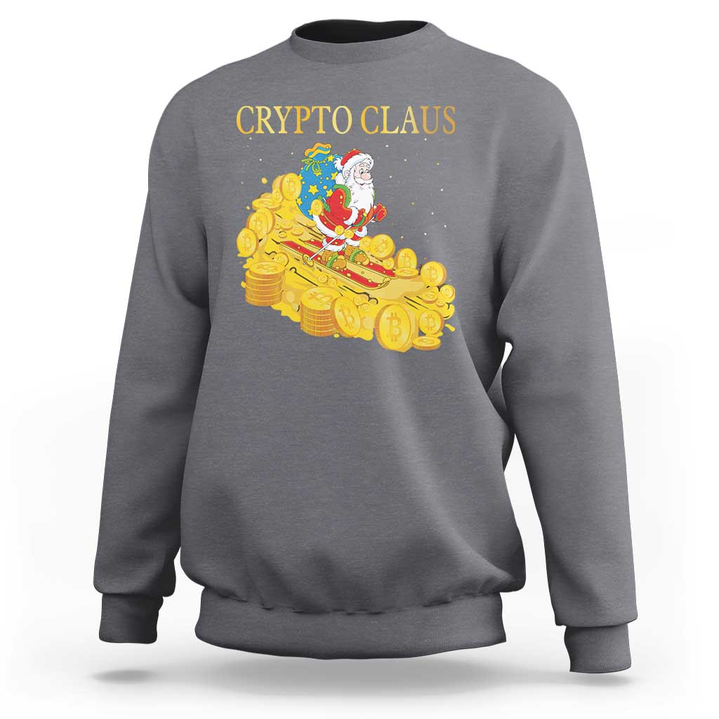 Charcoal sweatshirt with “CRYPTO CLAUS” text and Santa on a gold coin graphic