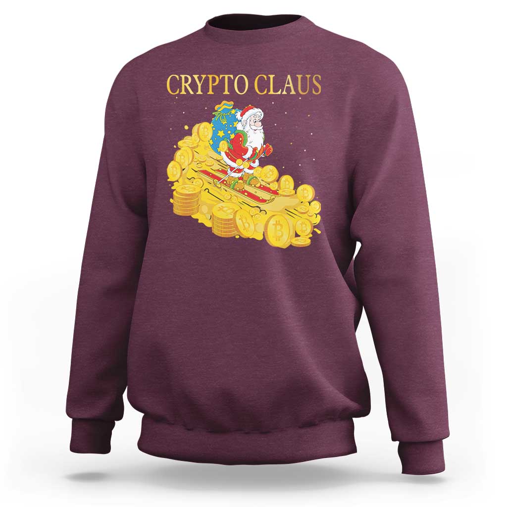 Maroon sweatshirt with “CRYPTO CLAUS” text and Santa on a gold coin graphic