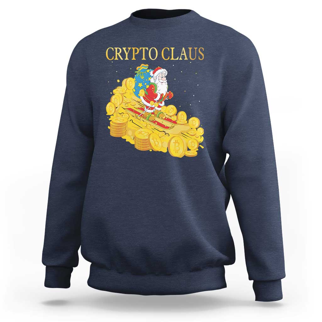 Navy sweatshirt with “CRYPTO CLAUS” text and Santa on a gold coin graphic