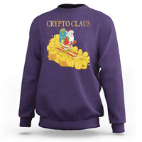 Purple sweatshirt with “CRYPTO CLAUS” text and Santa on a gold coin graphic