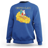 Royal blue sweatshirt with “CRYPTO CLAUS” text and Santa on a gold coin graphic