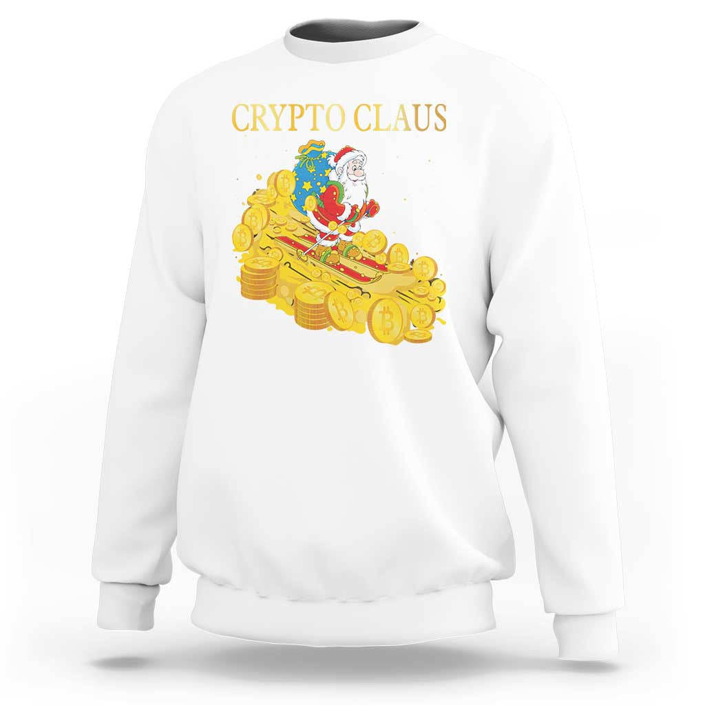 White sweatshirt with “CRYPTO CLAUS” text and Santa on a gold coin graphic