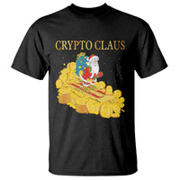 Black t-shirt with “CRYPTO CLAUS” text and Santa riding a coin pile graphic.