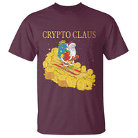 Maroon t-shirt with “CRYPTO CLAUS” text and Santa riding a coin pile graphic.