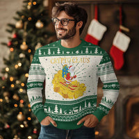 Green Christmas ugly sweater with 'CRYPTO CLAUS' text and Santa-coin graphic
