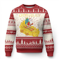 Red Christmas ugly sweater with 'CRYPTO CLAUS' graphic, trees, and festive borders