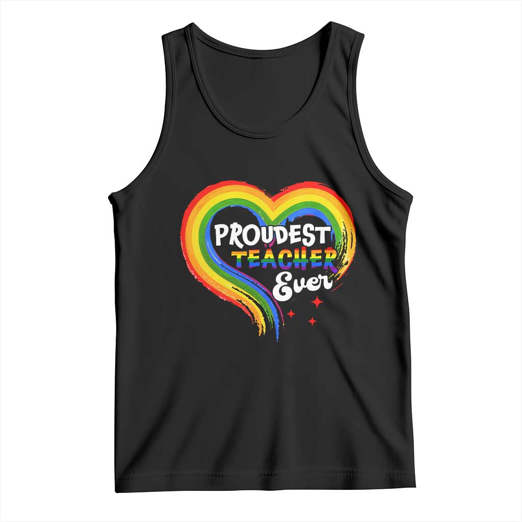 Black sleeveless tank top with rainbow heart “Proudest Teacher Ever” print