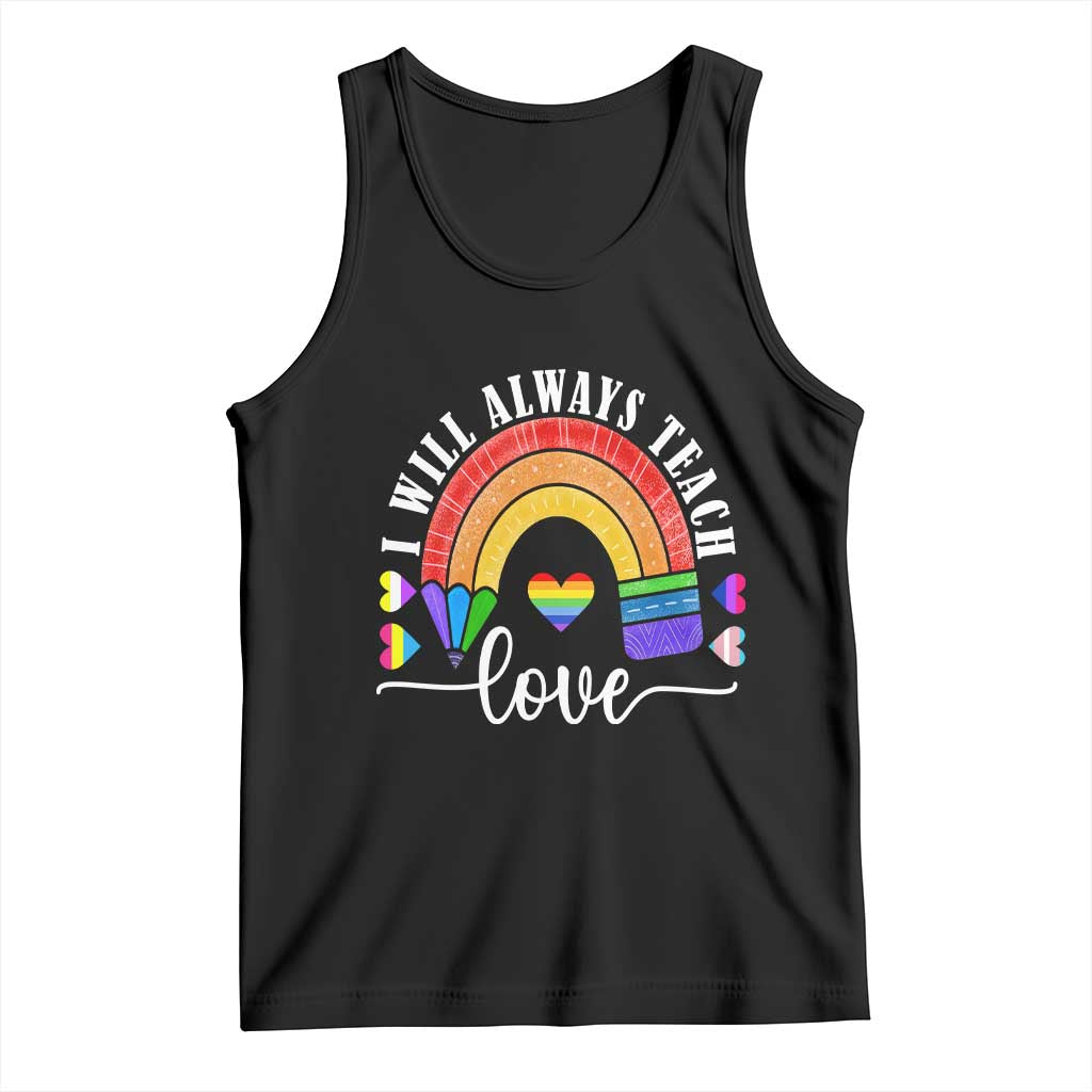 Black sleeveless tank top with rainbow heart 'Love' and pride-style design