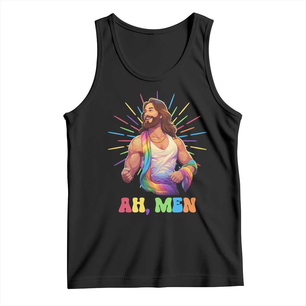 Men's black tank top with rainbow Jesus graphic and 'AH MEN' lettering