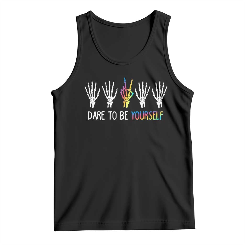 Black tank top with skeleton hands, rainbow graphic, and 'Dare to be yourself' text