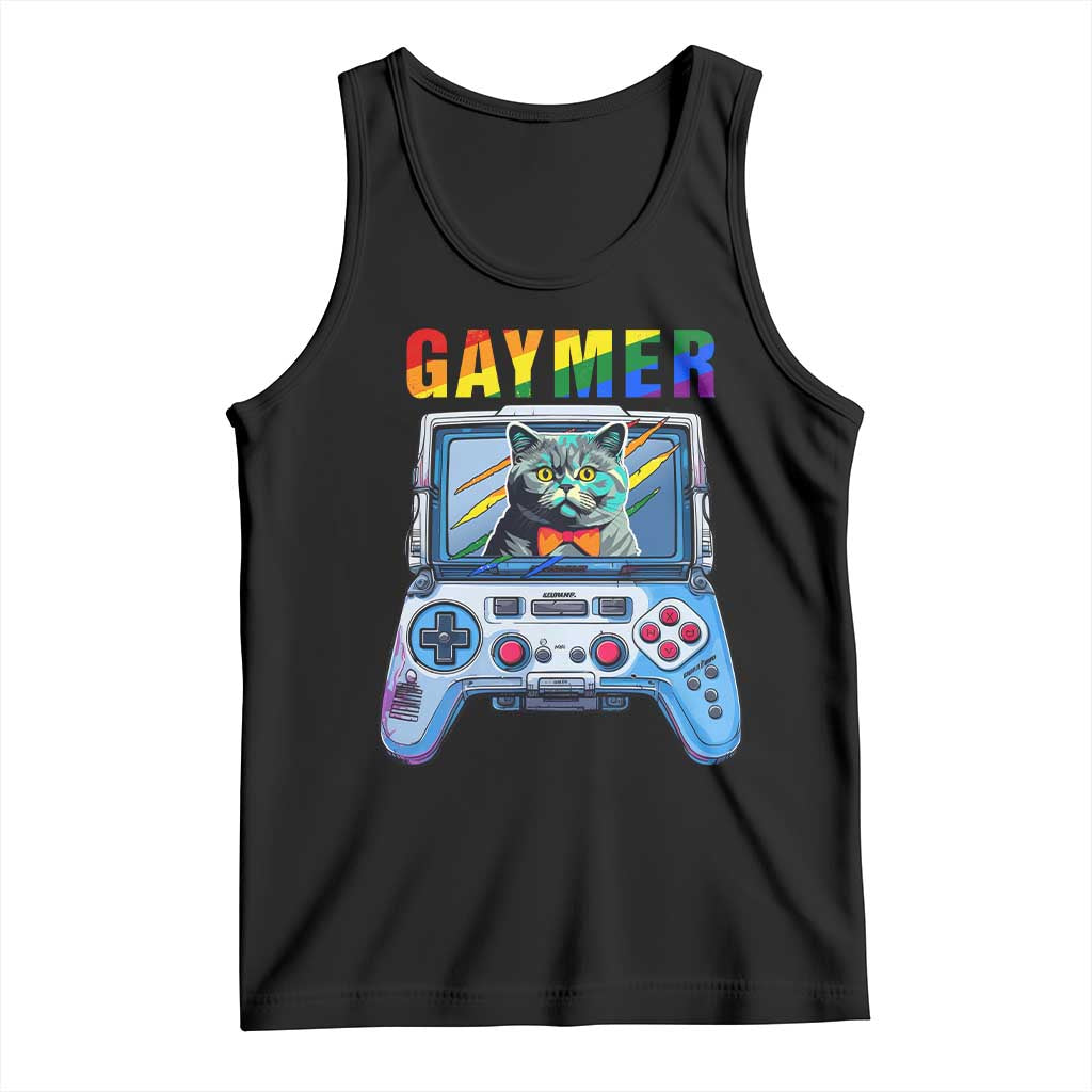 Black sleeveless tank top with cat gamer graphic and colorful Gaymer text