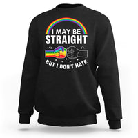Black crewneck sweatshirt with rainbow Pride graphic and slogan text across chest