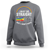 Charcoal gray crewneck sweatshirt with rainbow Pride graphic and slogan text across chest