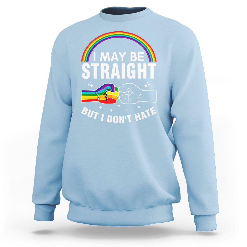 Light blue crewneck sweatshirt with rainbow Pride graphic and slogan text across chest
