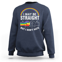 Navy crewneck sweatshirt with rainbow Pride graphic and slogan text across chest