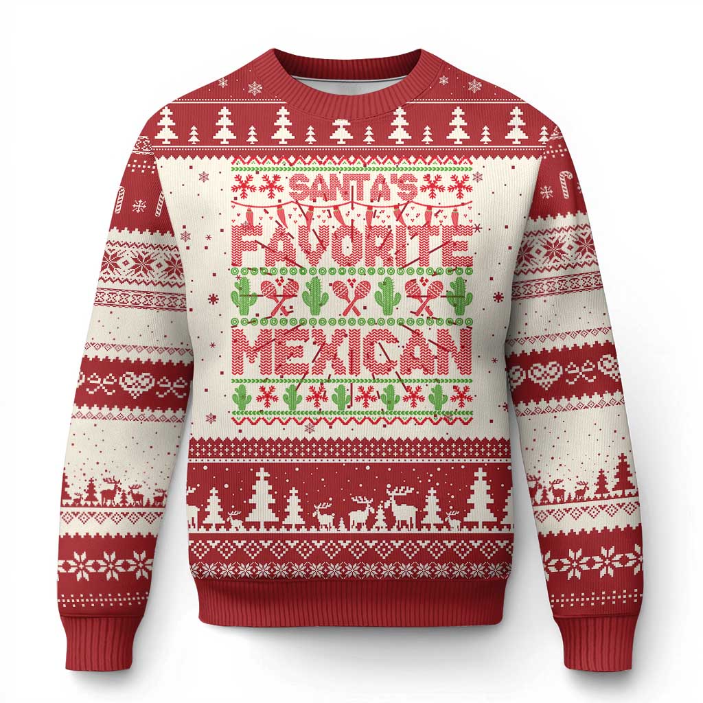 Red ugly Christmas sweater with Santa's Favorite Mexican graphic and knit pattern
