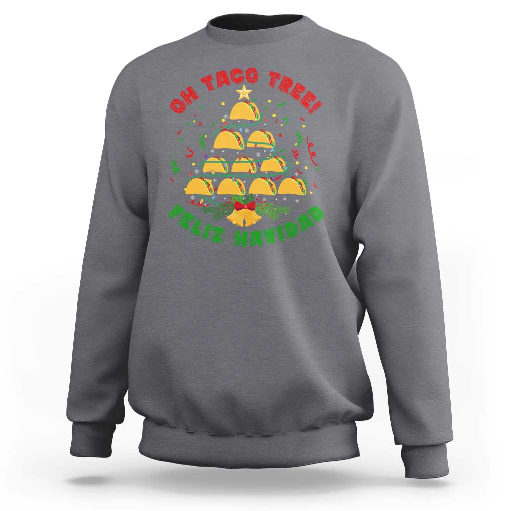 Charcoal gray sweatshirt with colorful taco tree “Feliz Navidad” graphic, crewneck and long sleeves