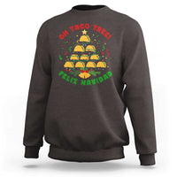 Dark chocolate brown sweatshirt with colorful taco tree “Feliz Navidad” graphic, crewneck