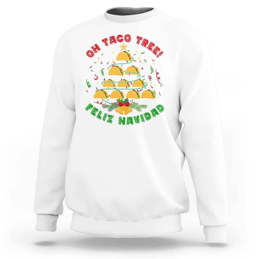 White sweatshirt with colorful taco tree “Feliz Navidad” graphic, crewneck and long sleeves