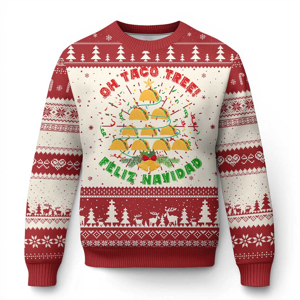 Red and cream ugly Christmas sweater with taco-tree graphic and pine motifs