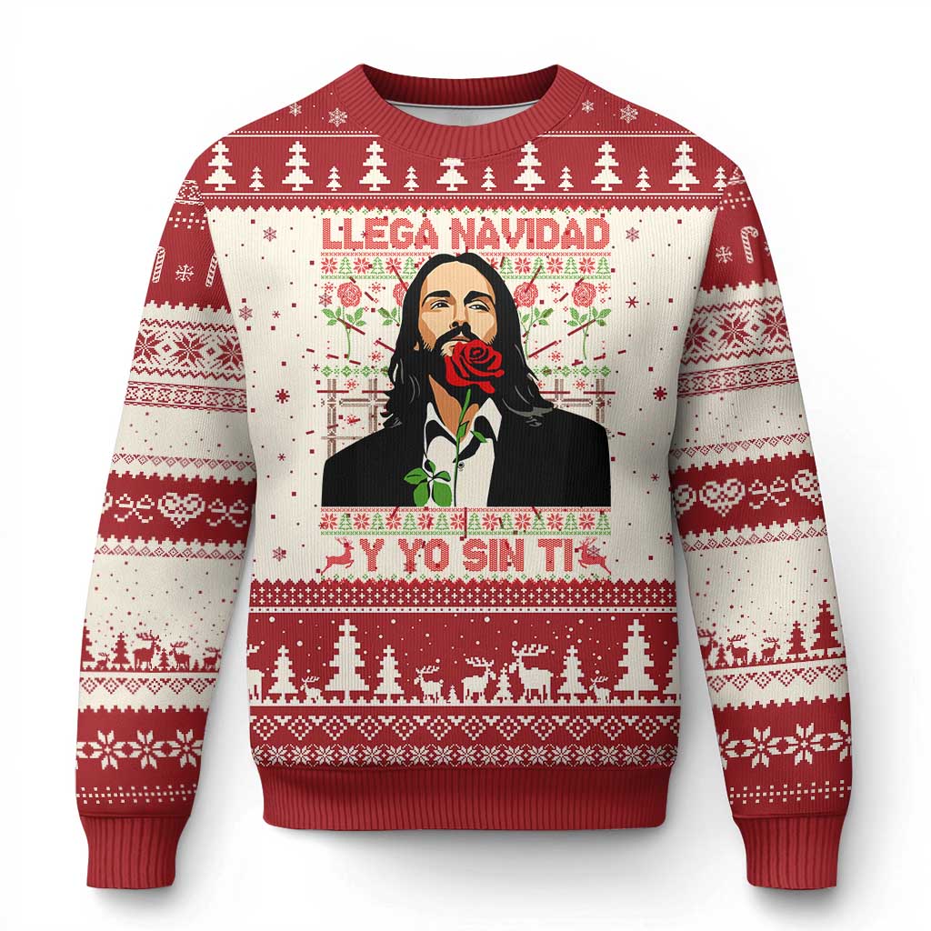 Red and cream ugly Christmas sweater with portrait graphic, roses, and festive lettering