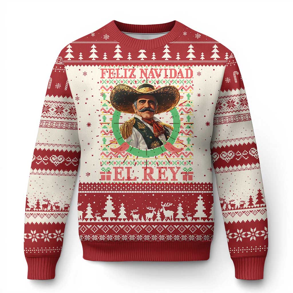 Red ugly Christmas sweater with Feliz Navidad and El Rey graphic, long sleeves