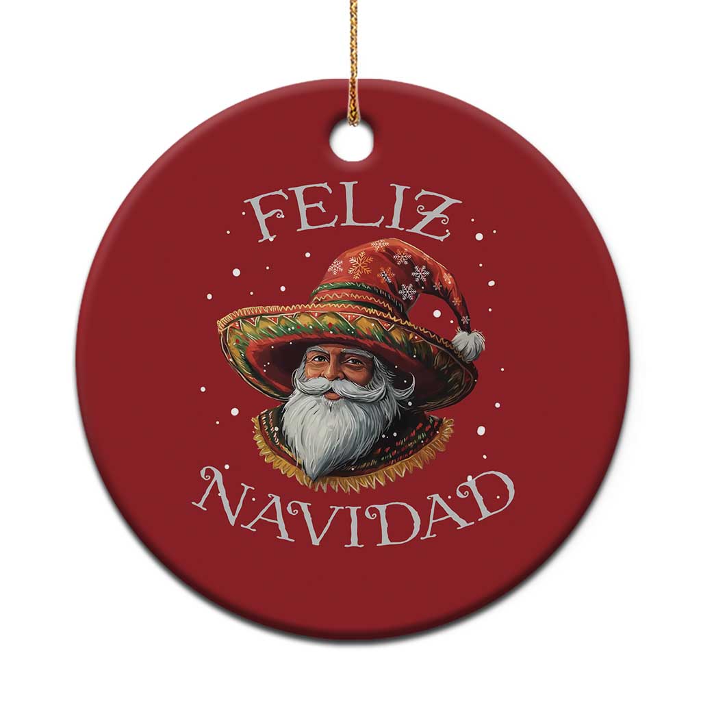Red round Christmas ornament with Feliz Navidad text and Santa in sombrero.
