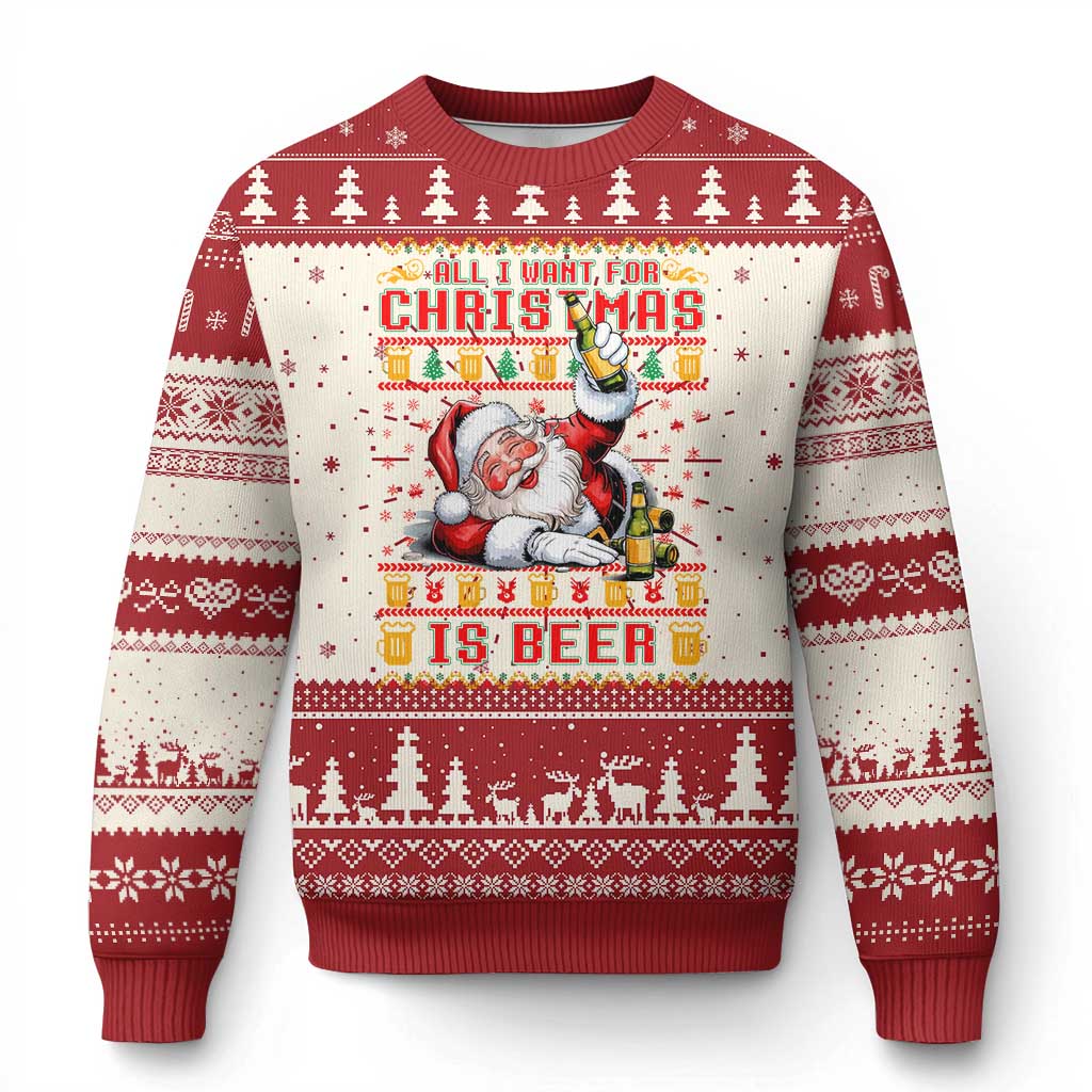 Red/white ugly Christmas sweater with 'Christmas' and 'Beer' front graphic, long sleeve