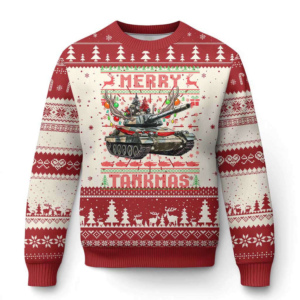 Red Christmas tank graphic sweater with holiday pattern and 'Merry' and 'Tankmas' text