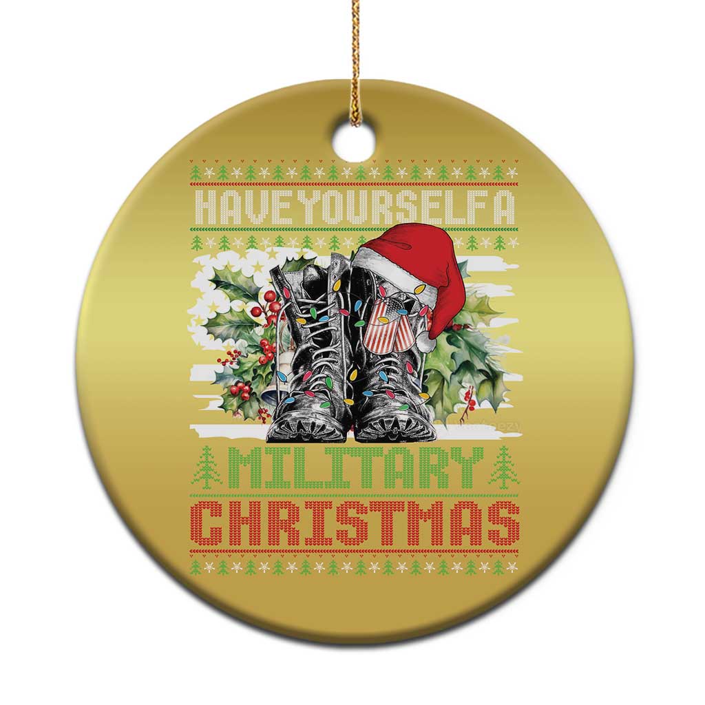 Gold round Christmas ornament with soldier graphic and 'MILITARY CHRISTMAS' text