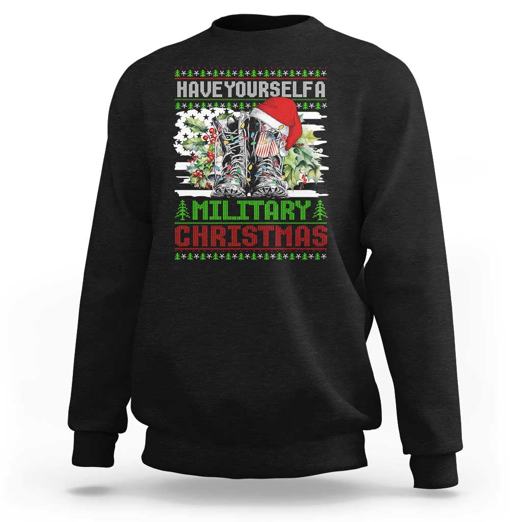 Black sweatshirt with colorful military Christmas graphic on the front.