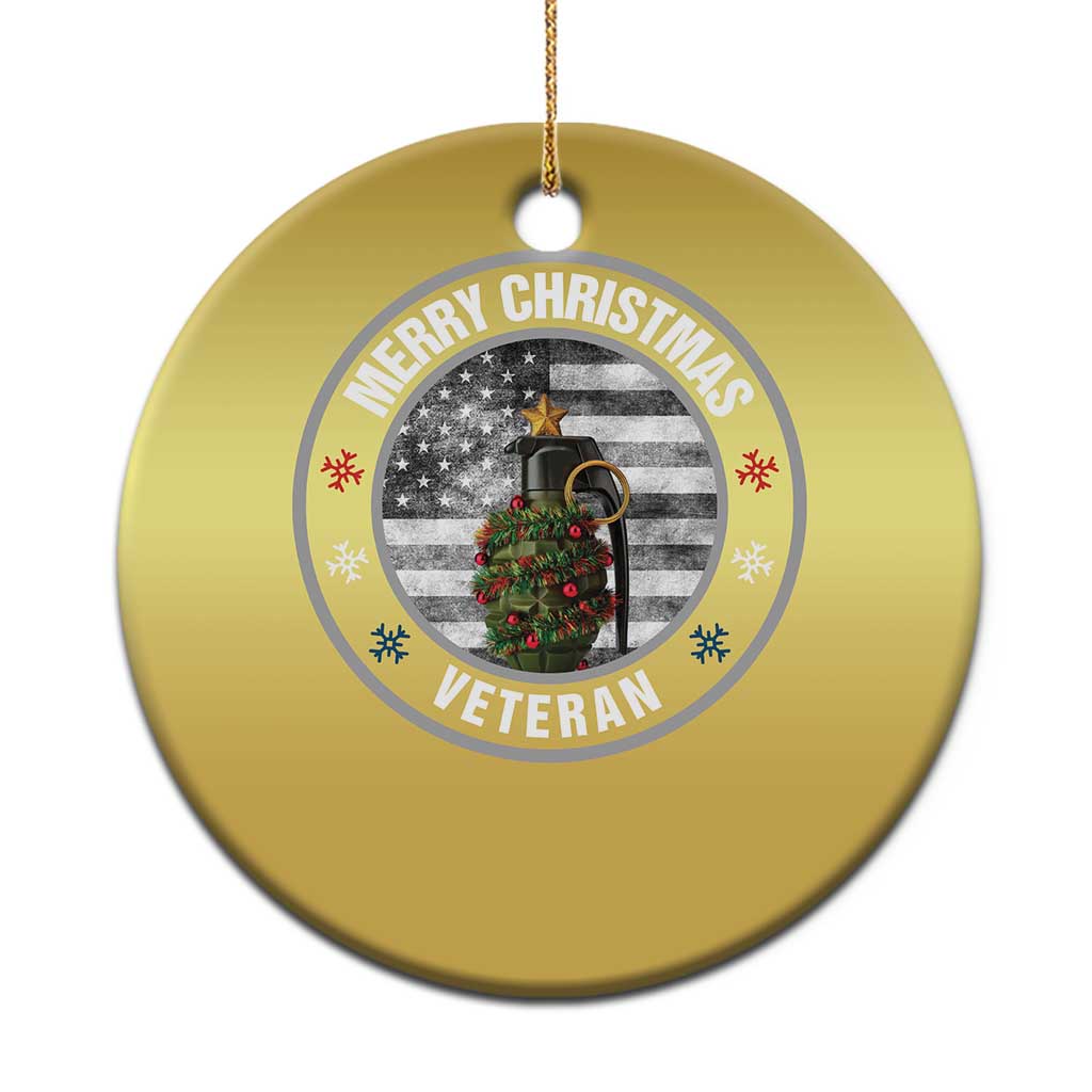 Gold round veteran Christmas ornament with Merry Christmas text and wreath at center