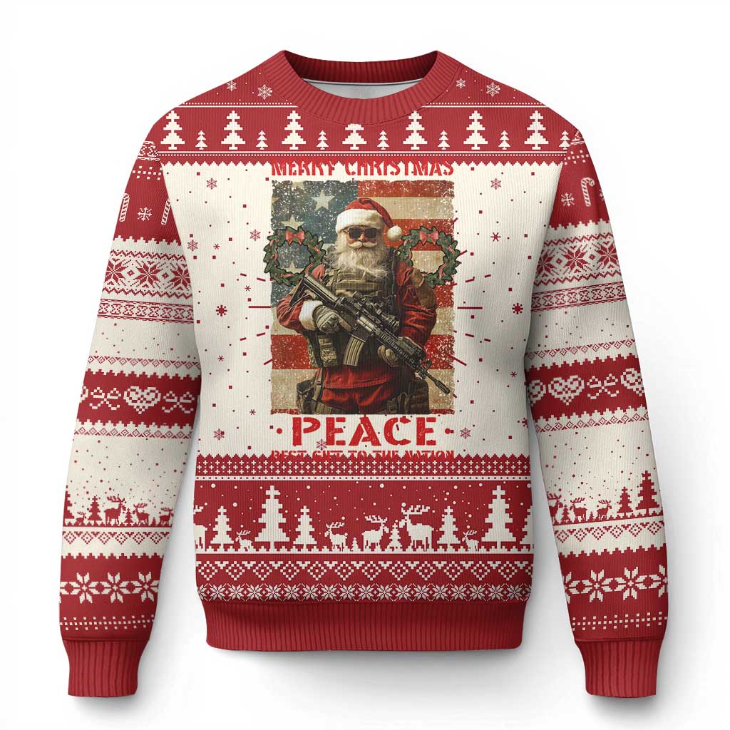 Red and cream ugly Christmas sweater with peace soldier graphic and snowflake border