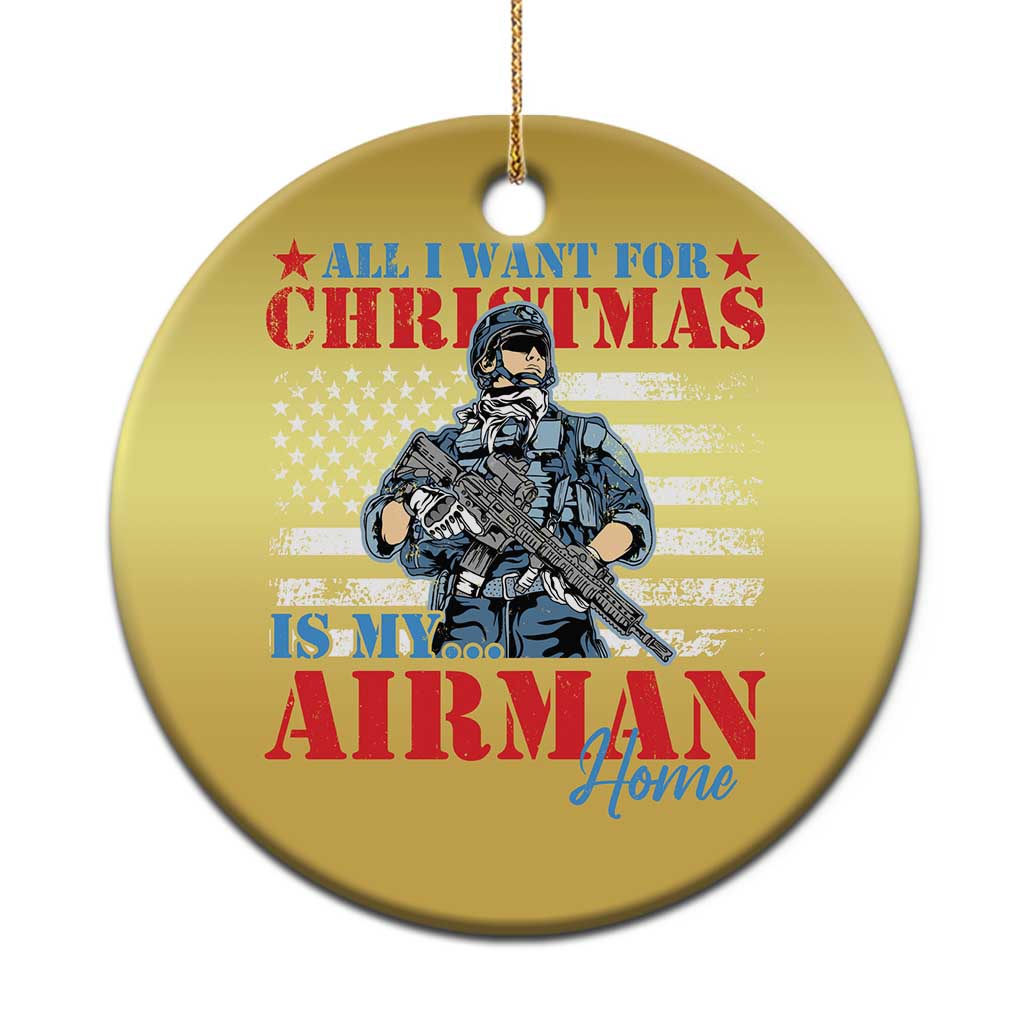 Gold round Christmas ornament with soldier graphic and “All I Want for Christmas” text