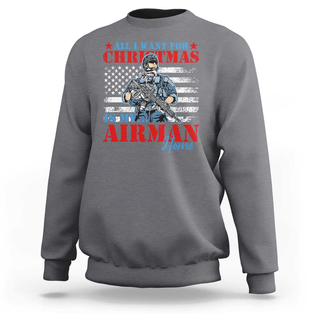 Heather gray crewneck sweatshirt with front Airman holiday graphic and long sleeves