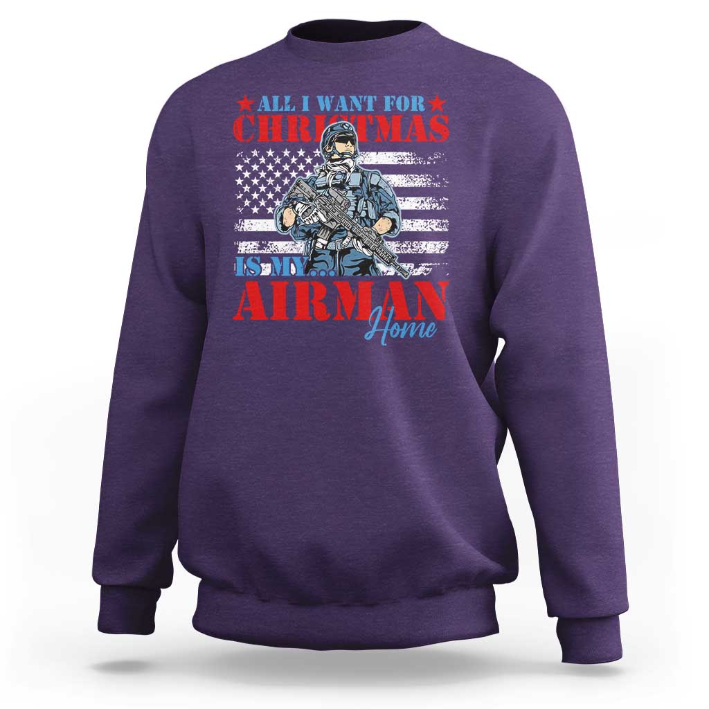Purple crewneck sweatshirt with graphic text and military airman illustration on front