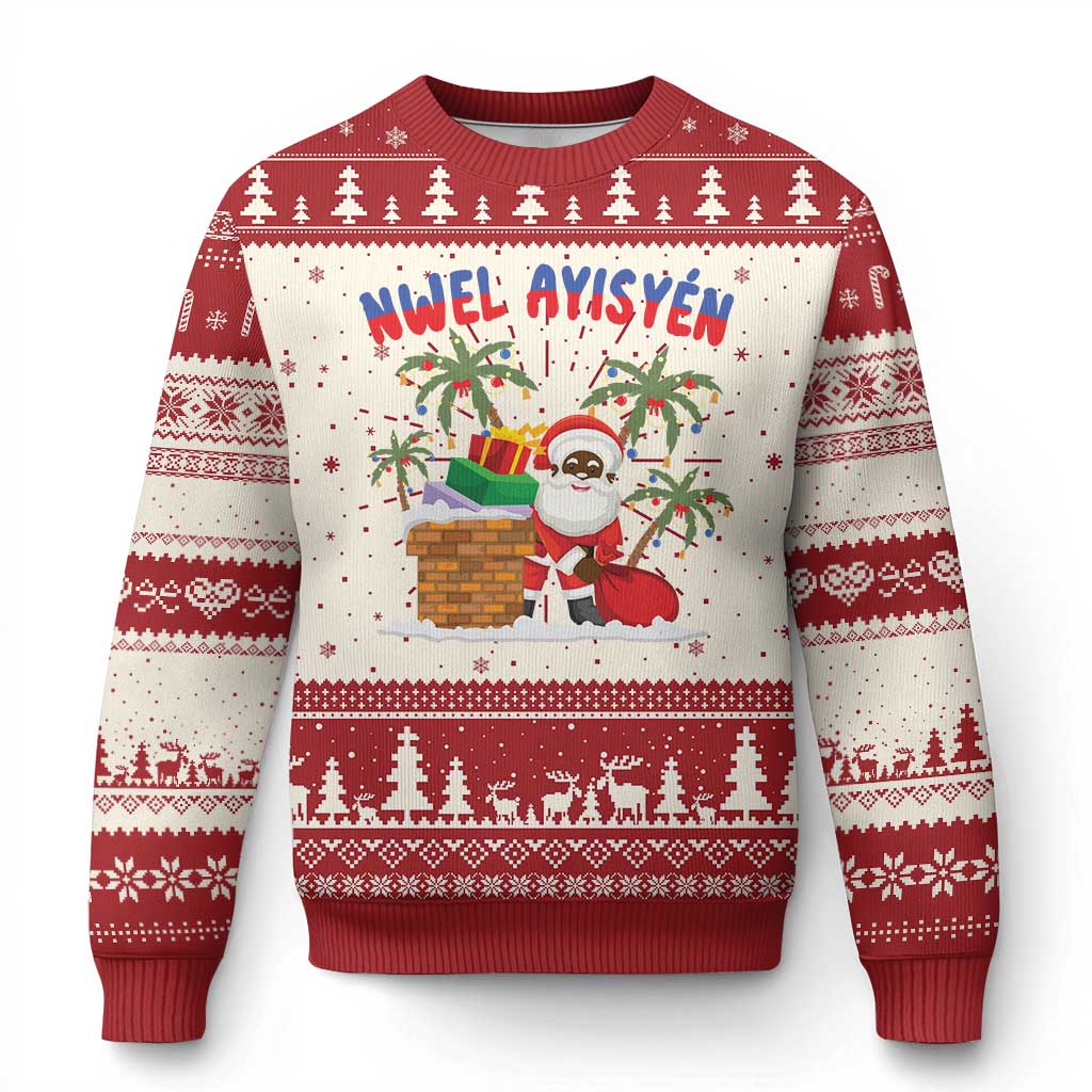 Red and cream holiday sweater with Santa, palm trees, and fair isle patterns