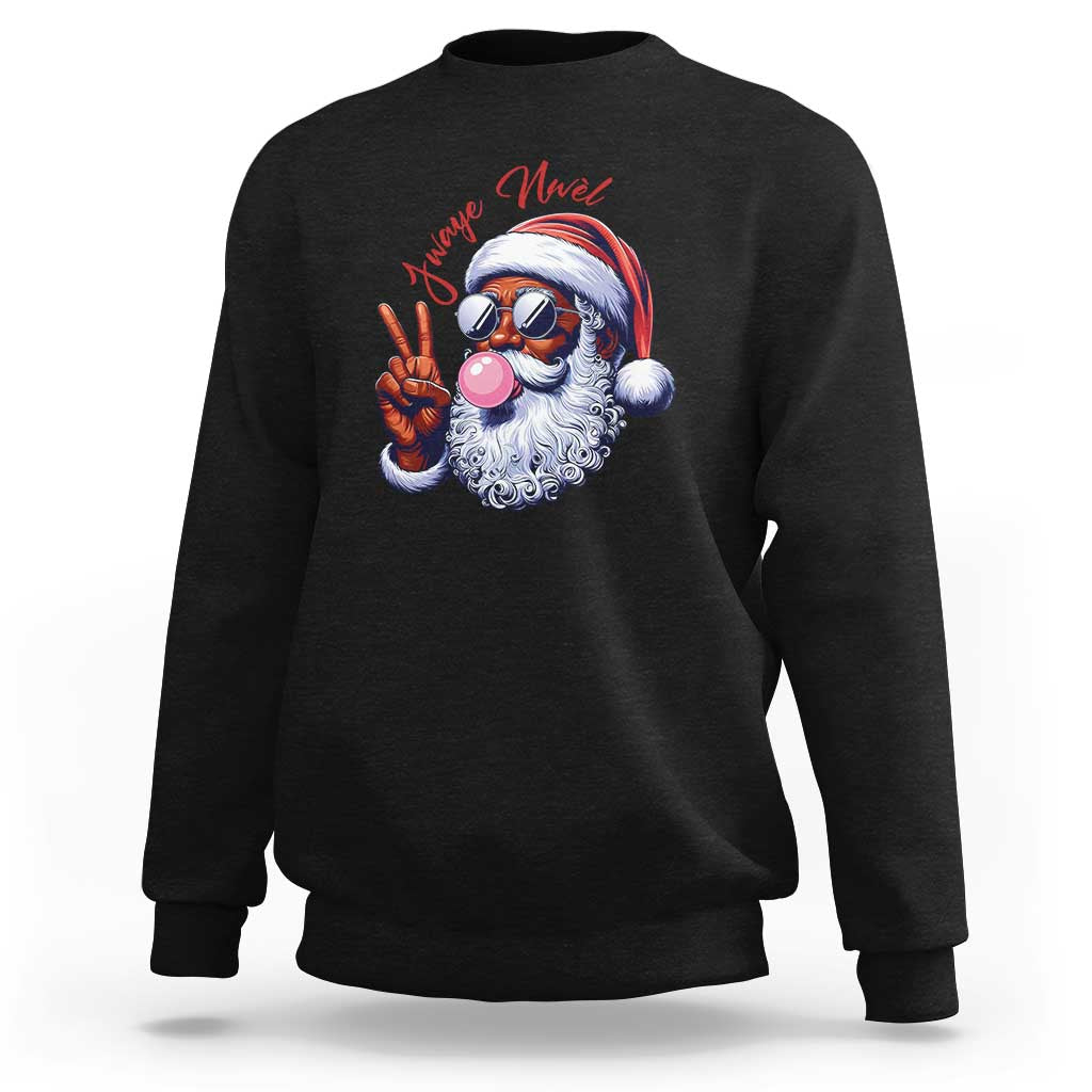 Black crewneck sweatshirt with cartoon Santa face graphic and red holiday text on front.