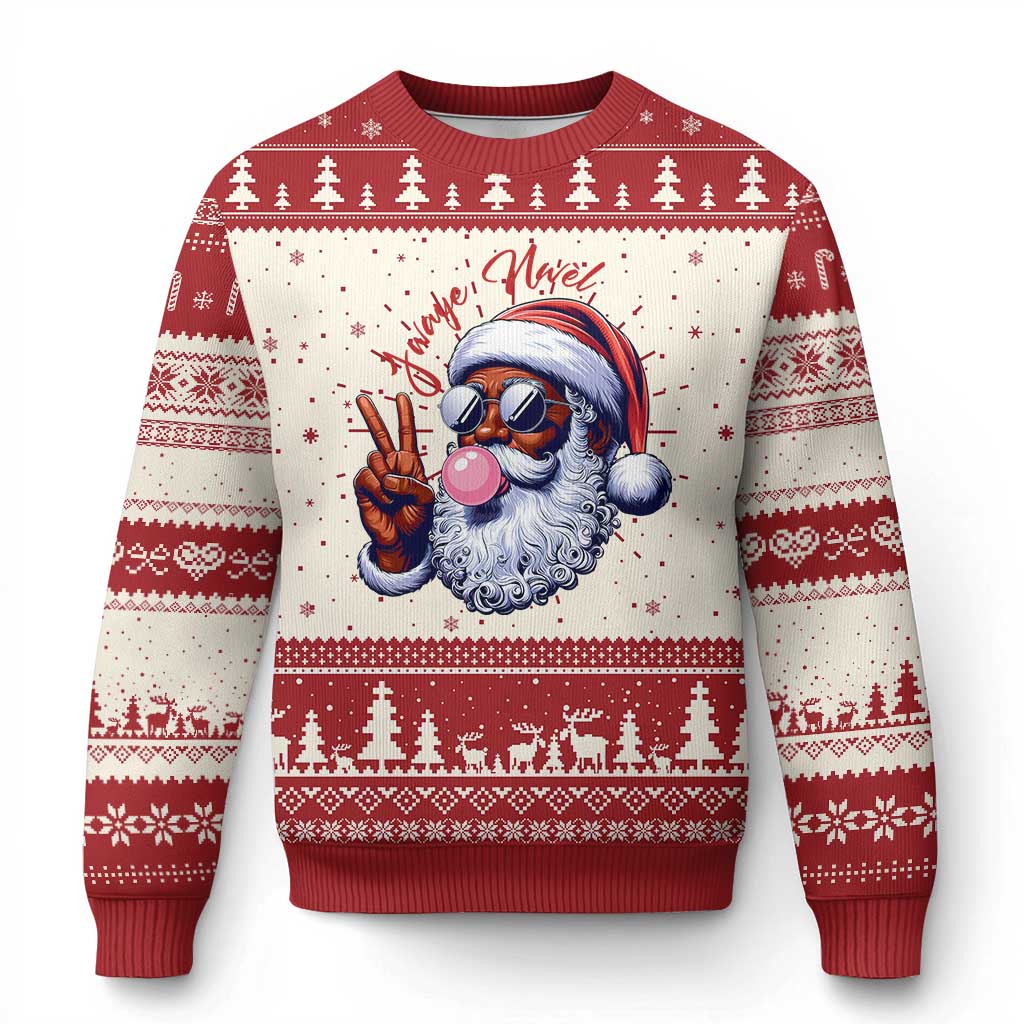 Red and white Christmas sweater with cartoon Santa head, trees, and Nordic patterns