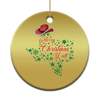 Gold round Christmas ornament with cowboy hat and "Merry Christmas Y'all" text.